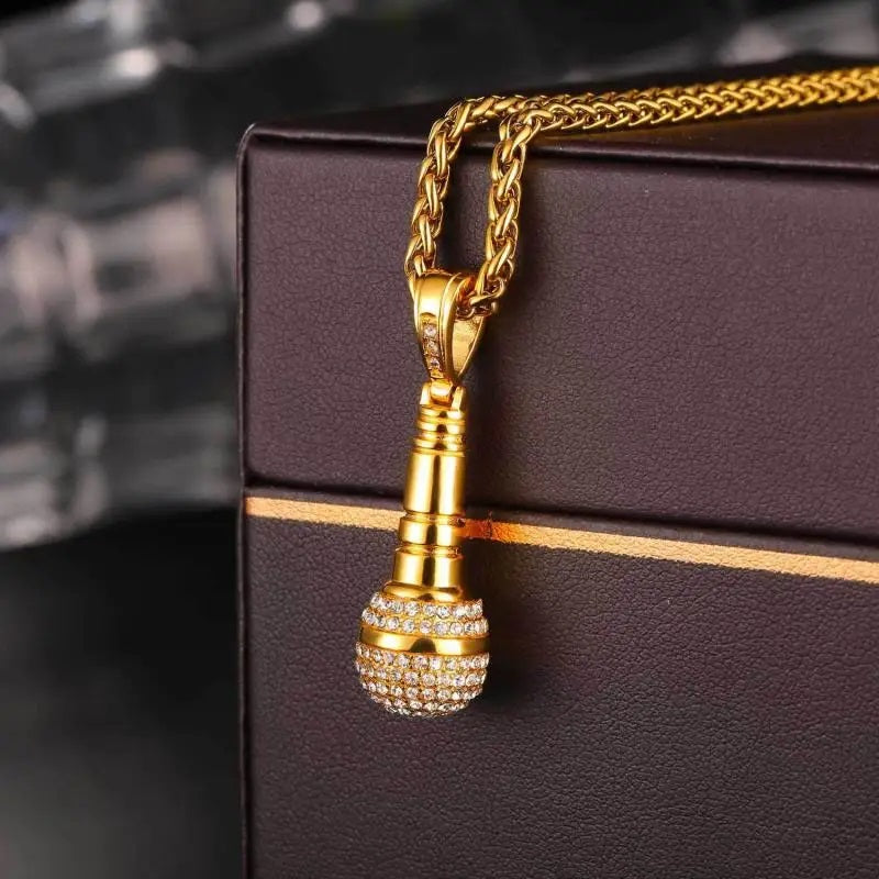 ALDO Clothing Accessories > Sunglasses Gold 24 Karat  Gold-Plated Microphone Handcrafted  Pendant Necklace with Rainstones For Good Luck Man and Woman