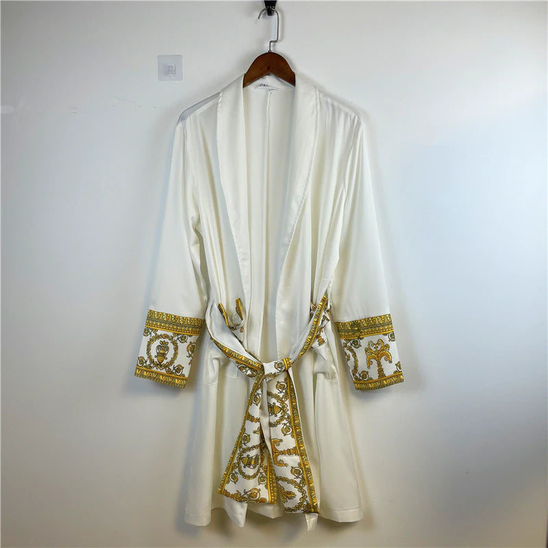 ALDO Clothing > Sleepwear & Loungewear > Robes White / Satin / medium Luxury Satin Robe With Gold Embroidery