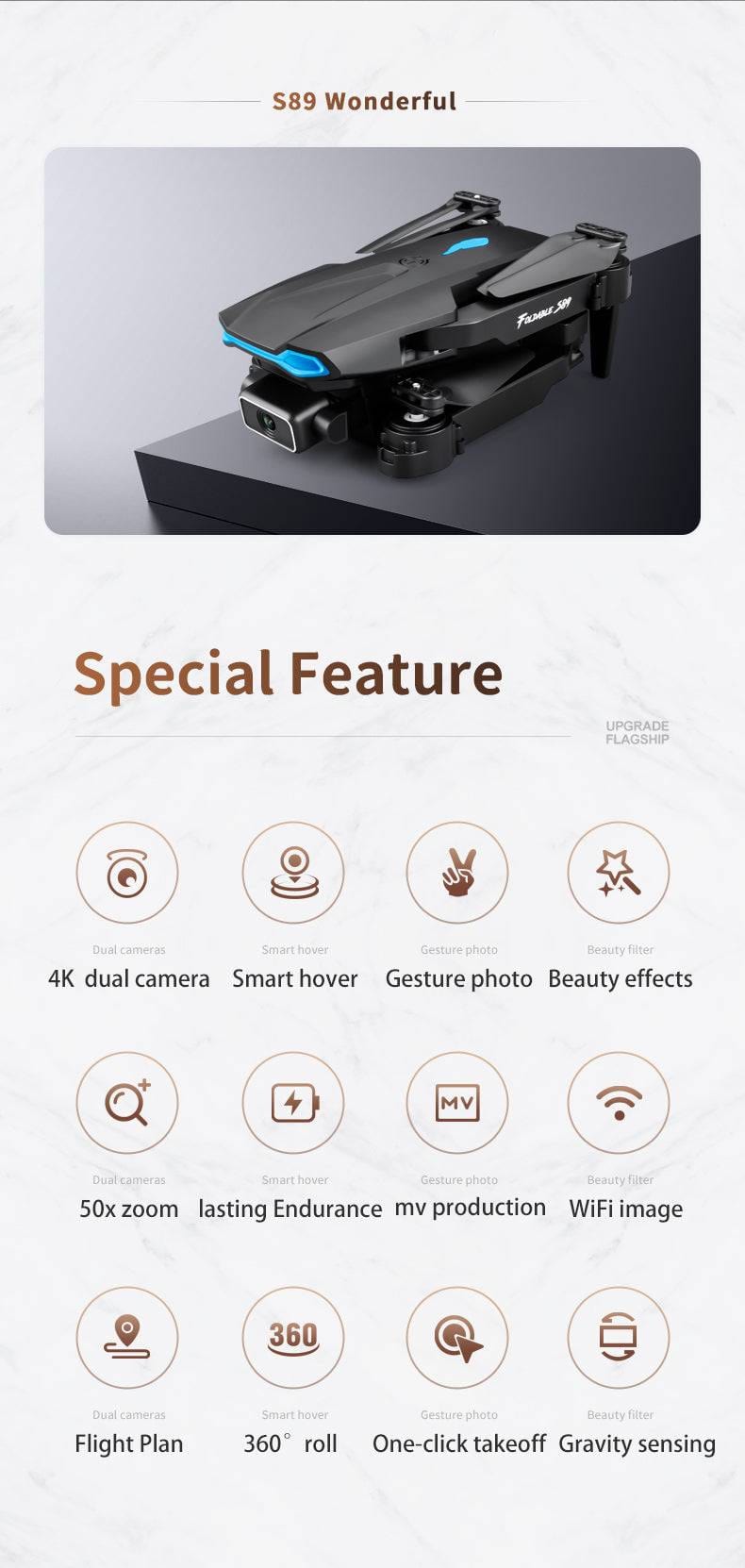 ALDO Creative Arts Collectibles Scale Model 25*20*5cm the arm is not folded/13*8*5cm (double arms folded / NEW / ABC Pro Drone Gray FPV Wi-Fi S89 With 4k1B Professional HD Dual Camera Aircraft Foldable Quadcopter Aircraft