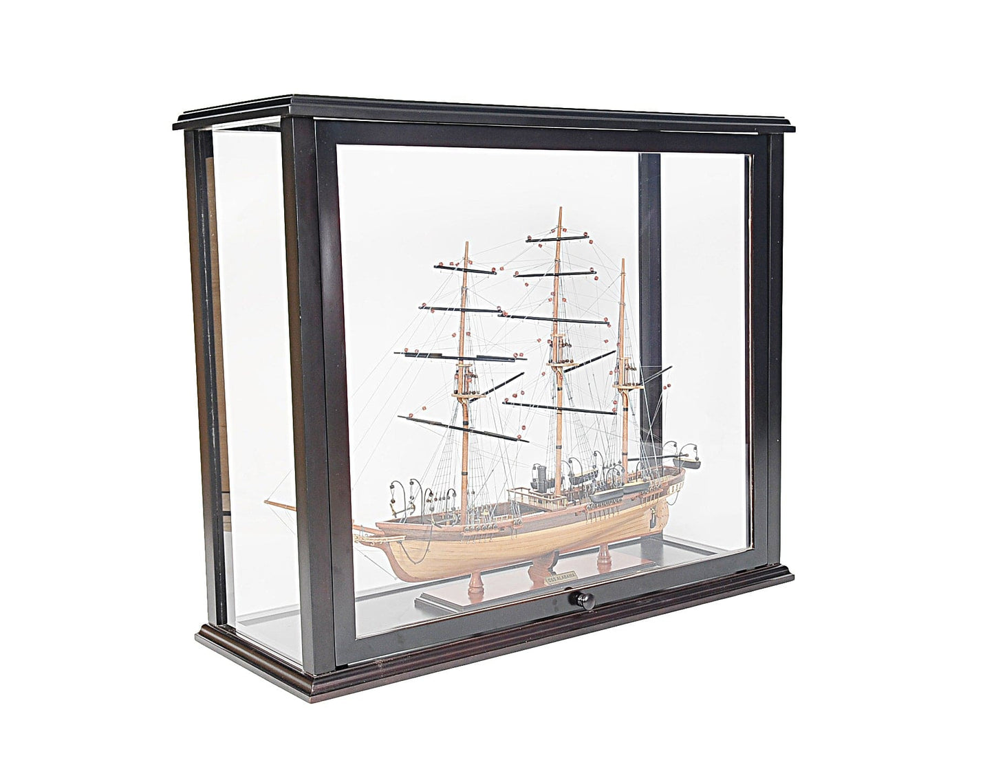 ALDO Creative Arts Collectibles Scale Model Outside:  L: 35.4 W: 13.5 H: 29.5 Inches  Inside: L: 32.5 x W: 12 x H: 29 inches. / NEW / Mahogany Wood with Plexiglass Panels Display Case Front Open Table Top Wood with Plexiglass Panels Cabinet for Midsize Tall Ship  and BoatsModels