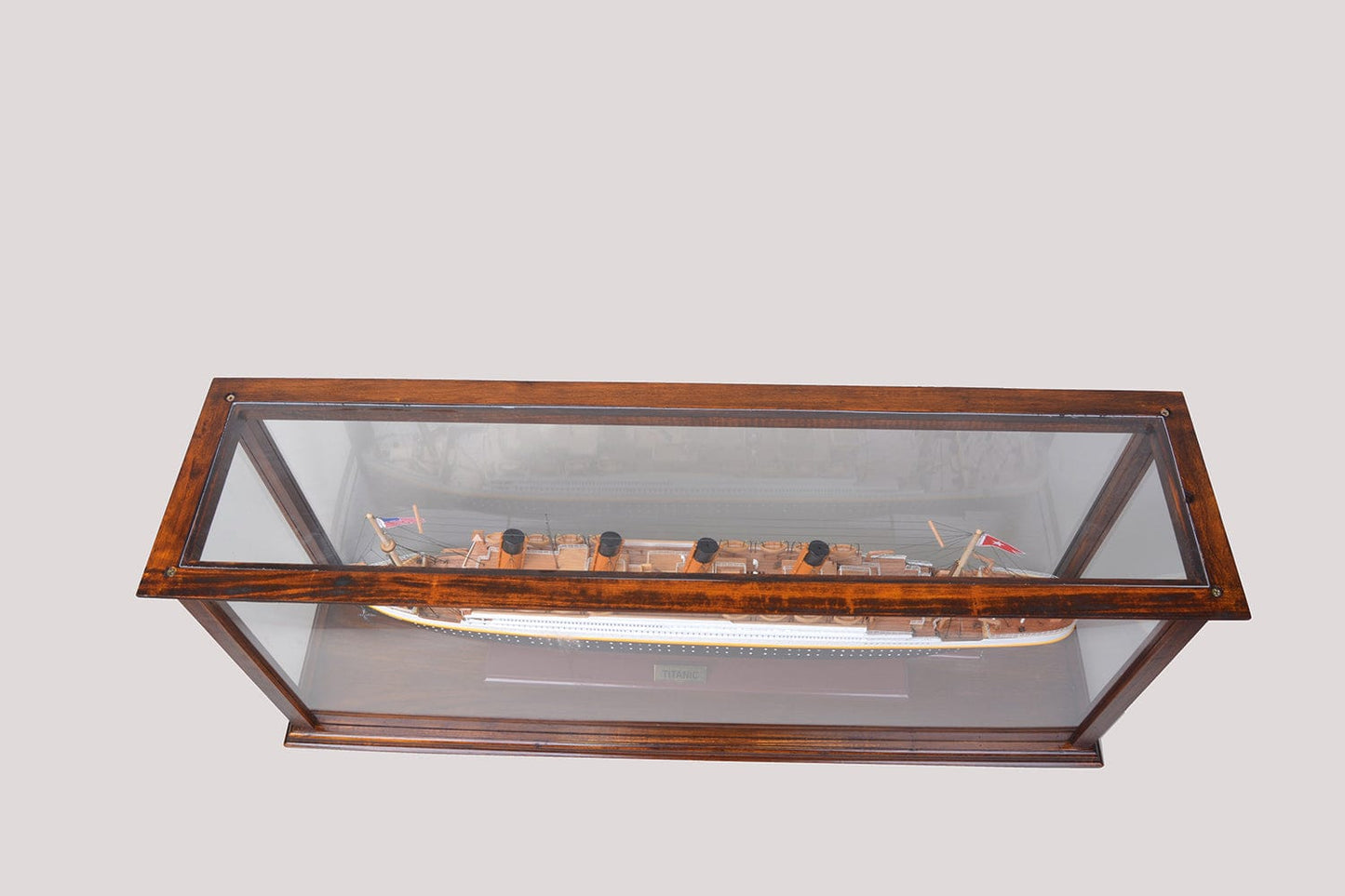 ALDO Creative Arts Collectibles Scale Model Outside: L: 38.5 W: 9.5 H: 16 Inches   Inside: 35.5 L x 7 1/8 W x 13.5 H inches / NEW / Wood with plexiglass panels Display Case Wood Table Top Cabinet  Classic Brown For Midsize Cruise Liners and  Boat Models With Plexiglass Panels