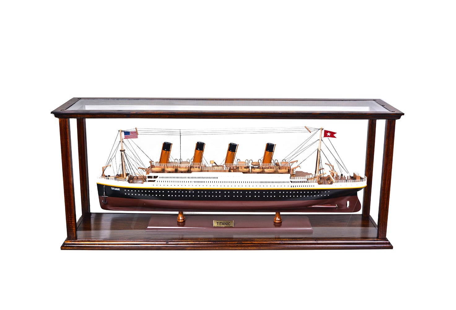 ALDO Creative Arts Collectibles Scale Model Outside: L: 38.5 W: 9.5 H: 16 Inches   Inside: 35.5 L x 7 1/8 W x 13.5 H inches / NEW / Wood with plexiglass panels Display Case Wood Table Top Cabinet  Classic Brown For Midsize Cruise Liners and  Boat Models With Plexiglass Panels