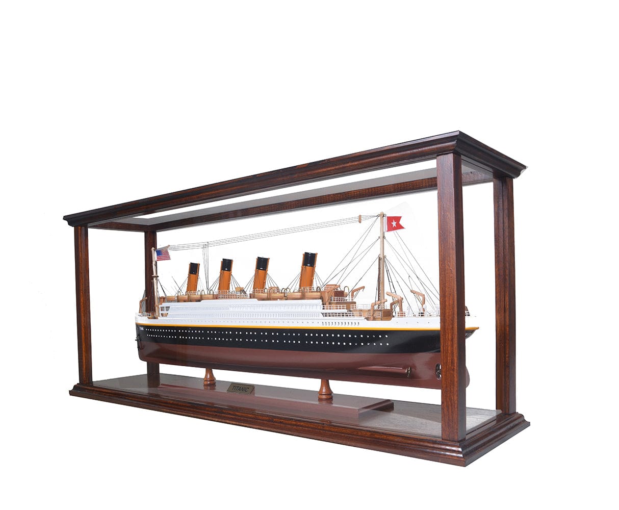 ALDO Creative Arts Collectibles Scale Model Outside: L: 38.5 W: 9.5 H: 16 Inches   Inside: 35.5 L x 7 1/8 W x 13.5 H inches / NEW / Wood with plexiglass panels Display Case Wood Table Top Cabinet  Classic Brown For Midsize Cruise Liners and  Boat Models With Plexiglass Panels