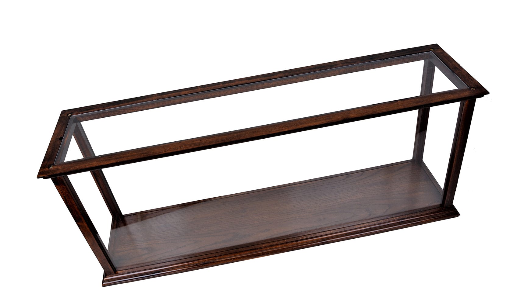 ALDO Creative Arts Collectibles Scale Model Outside: L: 38.5 W: 9.5 H: 16 Inches   Inside: 35.5 L x 7 1/8 W x 13.5 H inches / NEW / Wood with plexiglass panels Display Case Wood Table Top Cabinet  Classic Brown For Midsize Cruise Liners and  Boat Models With Plexiglass Panels