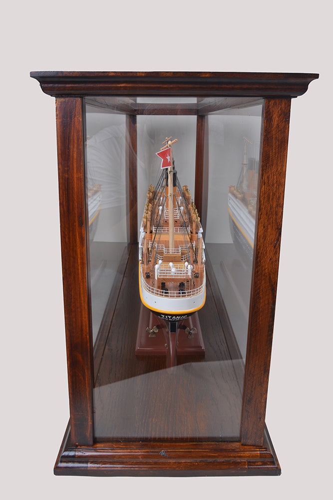 ALDO Creative Arts Collectibles Scale Model Outside: L: 38.5 W: 9.5 H: 16 Inches   Inside: 35.5 L x 7 1/8 W x 13.5 H inches / NEW / Wood with plexiglass panels Display Case Wood Table Top Cabinet  Classic Brown For Midsize Cruise Liners and  Boat Models With Plexiglass Panels