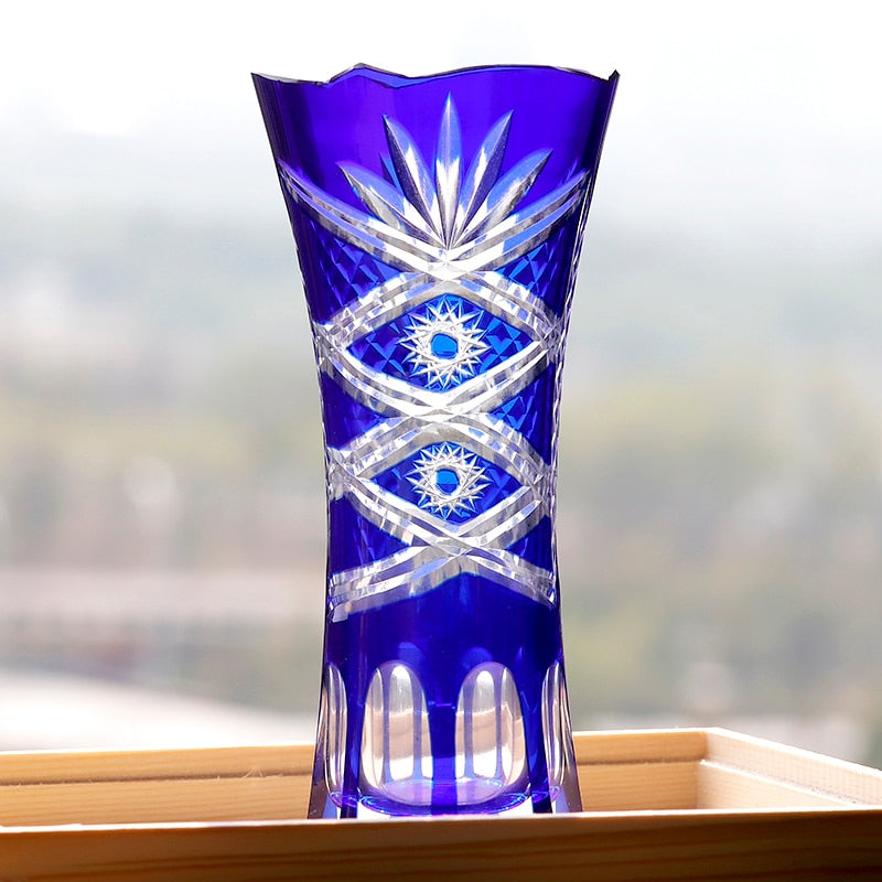 ALDO Creative Arts >Pottery 15cm w-25cm h / new / crystal Elegant Bohemian Czech Style Cobalt Blue Crystal Engraving Hand Cut Vase