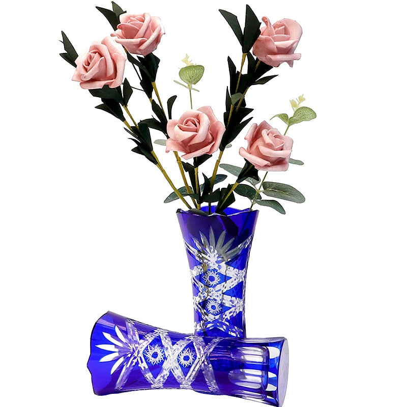 ALDO Creative Arts >Pottery 15cm w-25cm h / new / crystal Elegant Bohemian Czech Style Cobalt Blue Crystal Engraving Hand Cut Vase