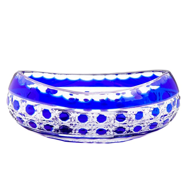 ALDO Creative Arts >Pottery New Blue Dots / Crystal / 15 cm long x 5.5 cm high Luxury Elegant Hand Carved  Bohemian Czech Style  Crystal Engraving Hand Cut Centerpiece  Vase