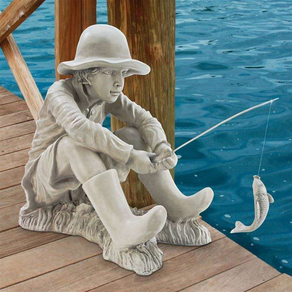 ALDO Décor>Artwork>Sculptures & Statues 10.5"Wx17"Dx17"H / NEW / rasin Big Catch Children Garden Statue By Artist Jaimy