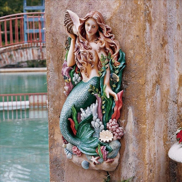 ALDO Décor>Artwork>Sculptures & Statues 13"Wx3.5"Dx29"H / NEW / Resin Mermaid Poolside Garden Wall Sculpture By Artist Jaimy