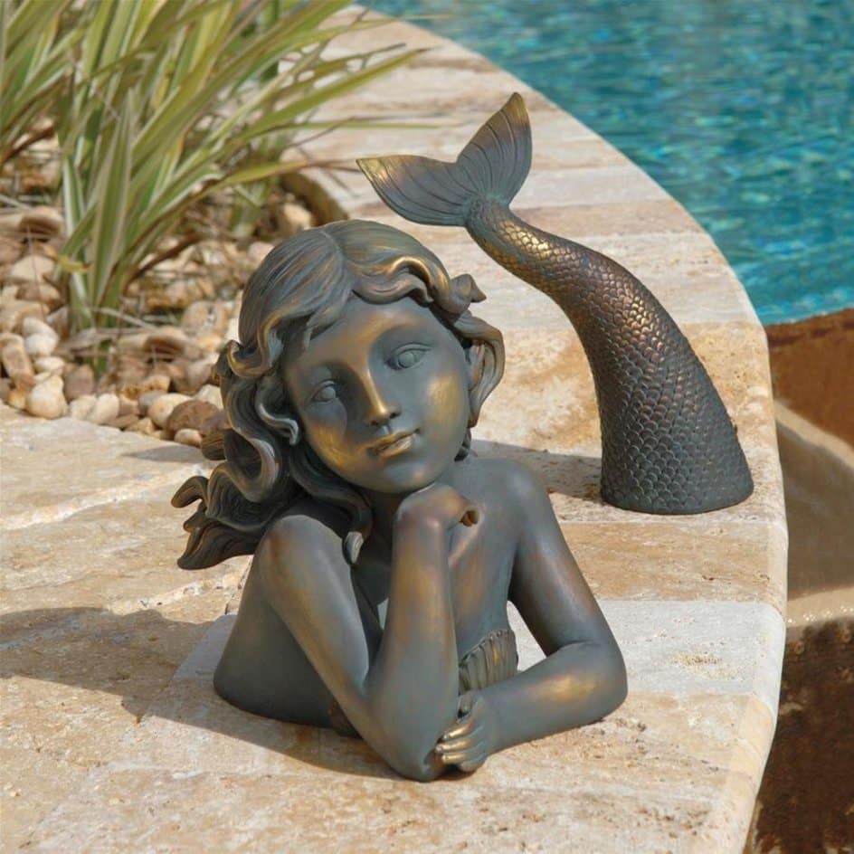 ALDO Décor>Artwork>Sculptures & Statues 16"Wx7"Dx7"H. / NEW / Resin Mermaid Siren of the Sea Poolside Garden Sculpture