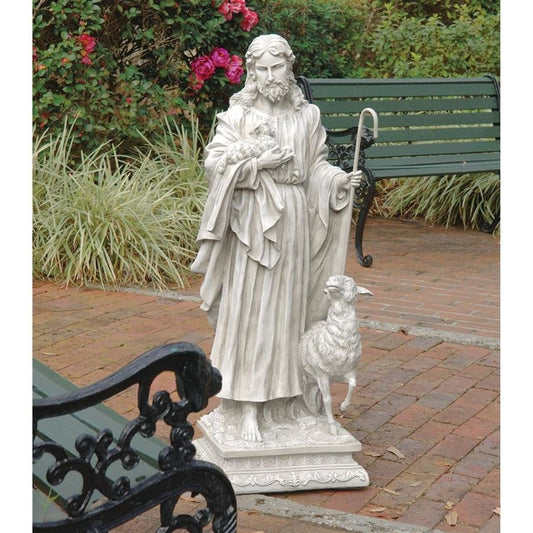 ALDO Décor>Artwork>Sculptures & Statues 17"Wx16"Dx43"H. / NEW / Resin Jesus Christ the Good Shepherd Grande Garden Statue  by Carlo Bronti