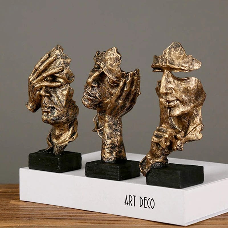 ALDO Decor > Artwork > Sculptures & Statues 2.56x1.97x6.5inches each / New / resin See Nothing ,Hear Nothing, Say Nothing , Bronze Finished Deck Top Sculpture Set of Three