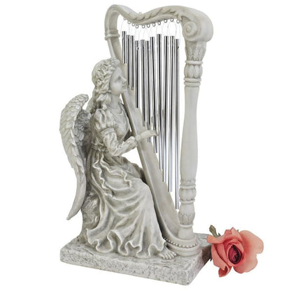 ALDO Décor>Artwork>Sculptures & Statues 20"Wx15"Dx29"H / NEW / resin Angel Paying Harp With Real 10 Quality Chimes Large Garden Statues