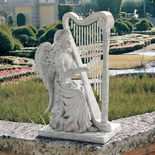 ALDO Décor>Artwork>Sculptures & Statues 20"Wx15"Dx29"H / NEW / resin Angel Paying Harp With Real 10 Quality Chimes Large Garden Statues