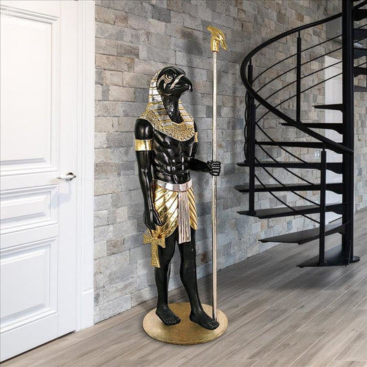 ALDO Décor>Artwork>Sculptures & Statues 26.5"Wx26.5"Dx74"H / NEW / rasin Life-Size Horus Egyptian Grand Ruler Hand Painted in Faux Ebony and Real Gold and Silver Statue