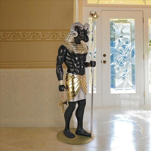 ALDO Décor>Artwork>Sculptures & Statues 26.5"Wx26.5"Dx74"H / NEW / rasin Life-Size Khnum Egyptian Grand Ruler Hand Painted in Faux Ebony and Real Gold and Silver Statue