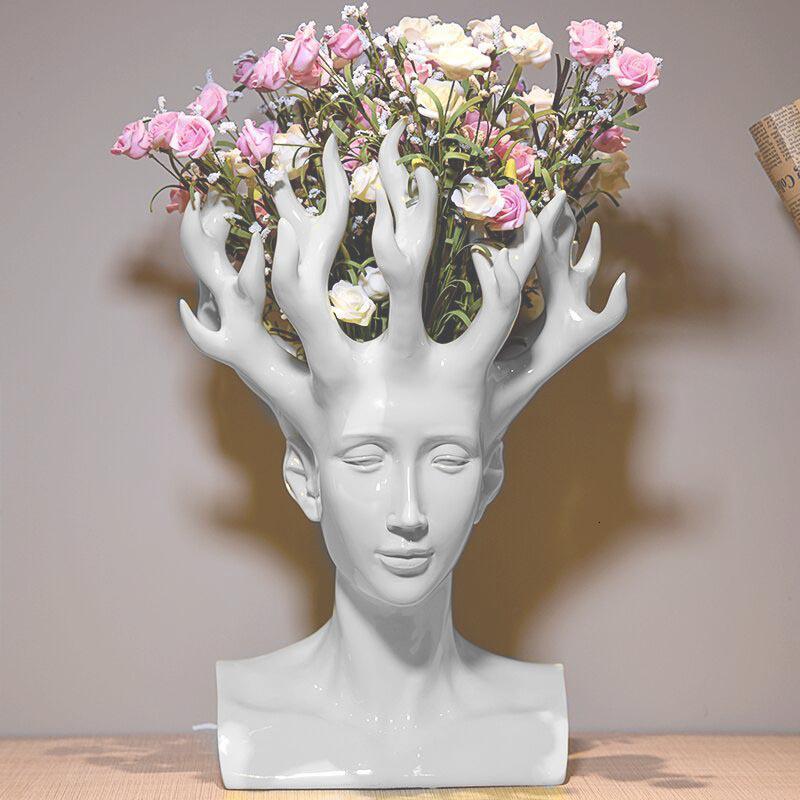 ALDO Decor > Artwork > Sculptures & Statues 47cm / 18.5" inches High  X 31 cm /12.2" inches long X 10.23" Inches Wide / White Designer Modern Style Human Head Large Vase Statue