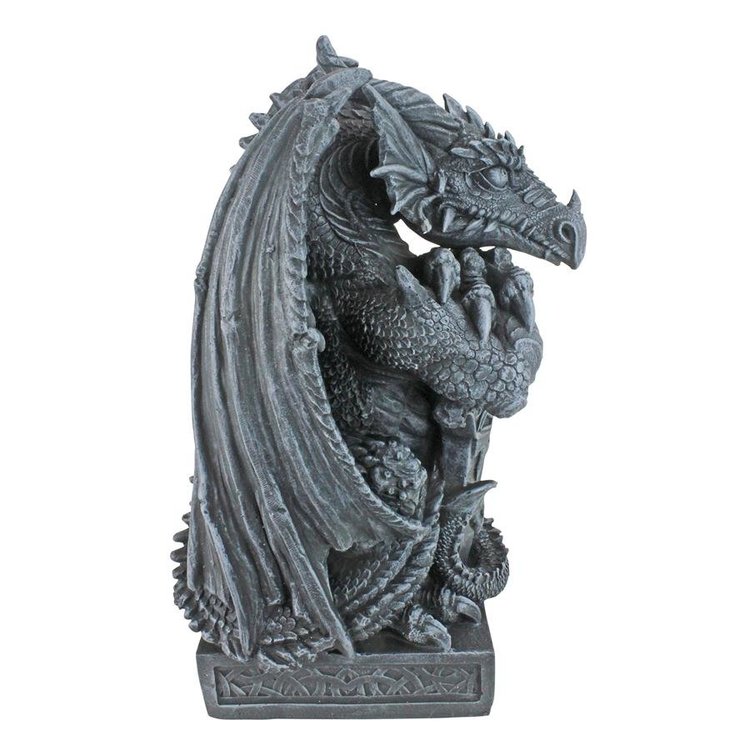 ALDO Decor > Artwork > Sculptures & Statues 8"Wx8"Dx17½"H. 9 lbs. / NEW / resin Arthurian Medieval Dragon Garden Statue With  Sword By Artist Gary Chang