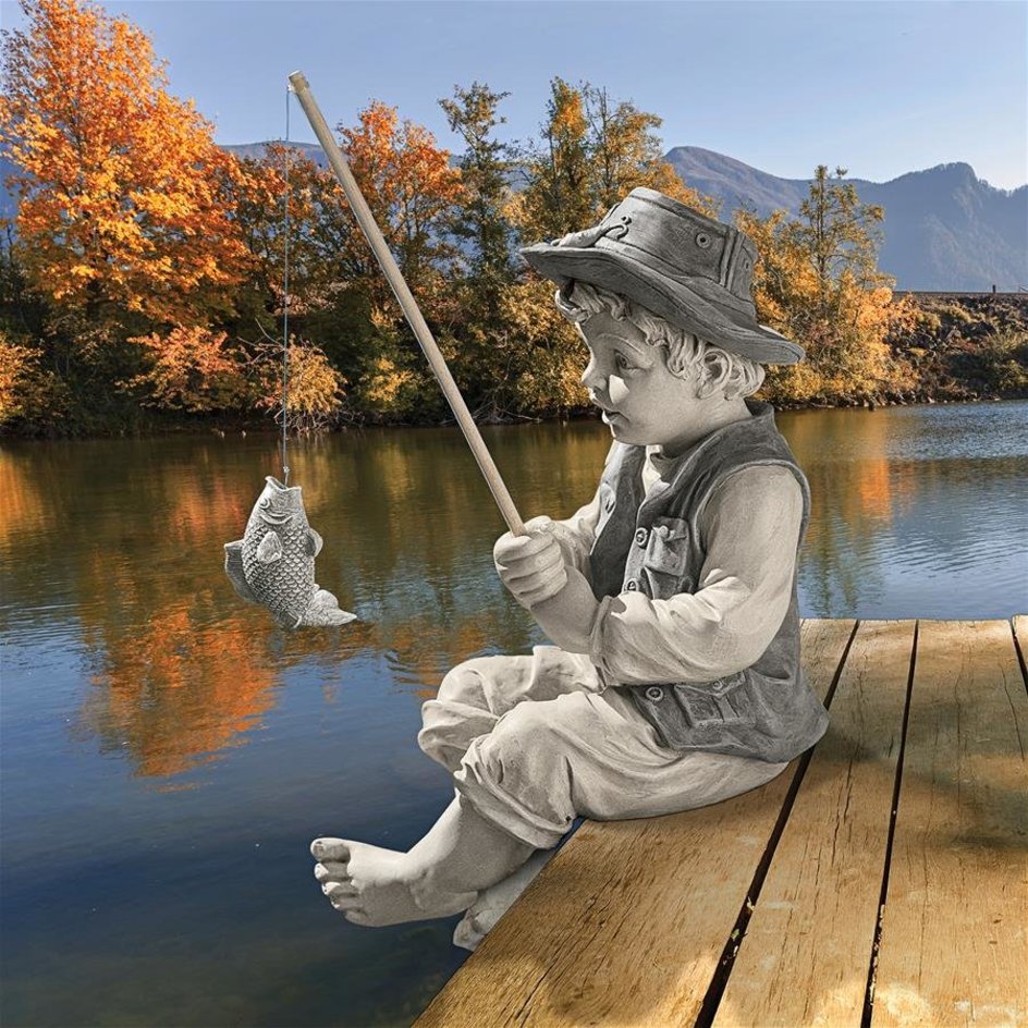 ALDO Décor>Artwork>Sculptures & Statues 9.5"Wx6.5"Dx15"H / NEW / rasin Little Fisherman Children Garden Statue By Artist Jaimy
