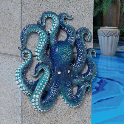 ALDO Décor>Artwork>Sculptures & Statues 9.5"Wx6"Dx16.5"H / NEW / Resin Blue Octopus of the Coral Reef Steampunk Garden Wall Sculpture