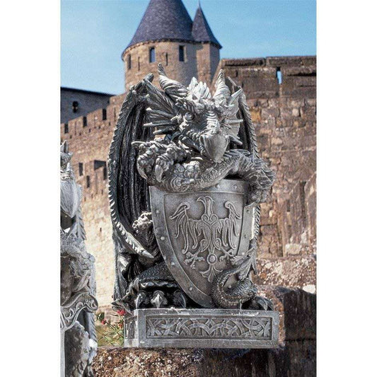 ALDO Decor > Artwork > Sculptures & Statues Arthurian Medieval Dragon Garden Statue With Shield By Artist Gary Chang