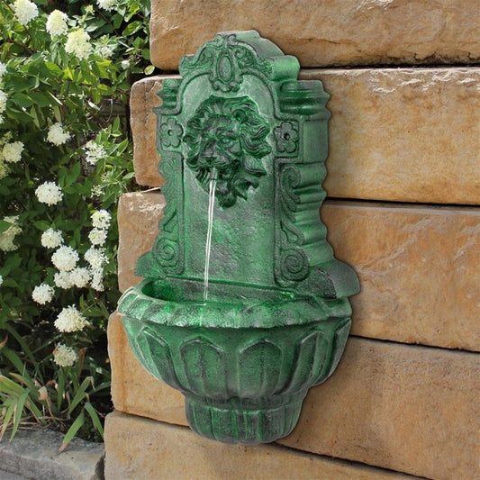 ALDO Decor > Fountains & Ponds 15.5"Wx9.5"Dx25"H / new / resin Florentine Lion Head Spouting  Garden Wall Niche Sculpture With Pump