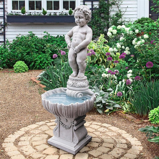 ALDO Decor > Fountains & Ponds 17"Wx17"Dx45.5"H / new / resin Peeing Boy of Brussels Sculptural Garden Fountain  with Plinth Base
