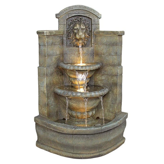 ALDO Decor > Fountains & Ponds 26.5"Wx22.5"Dx39"H / new / resin Italian Saint Remy Lion Corner Fountain With LED and Pump