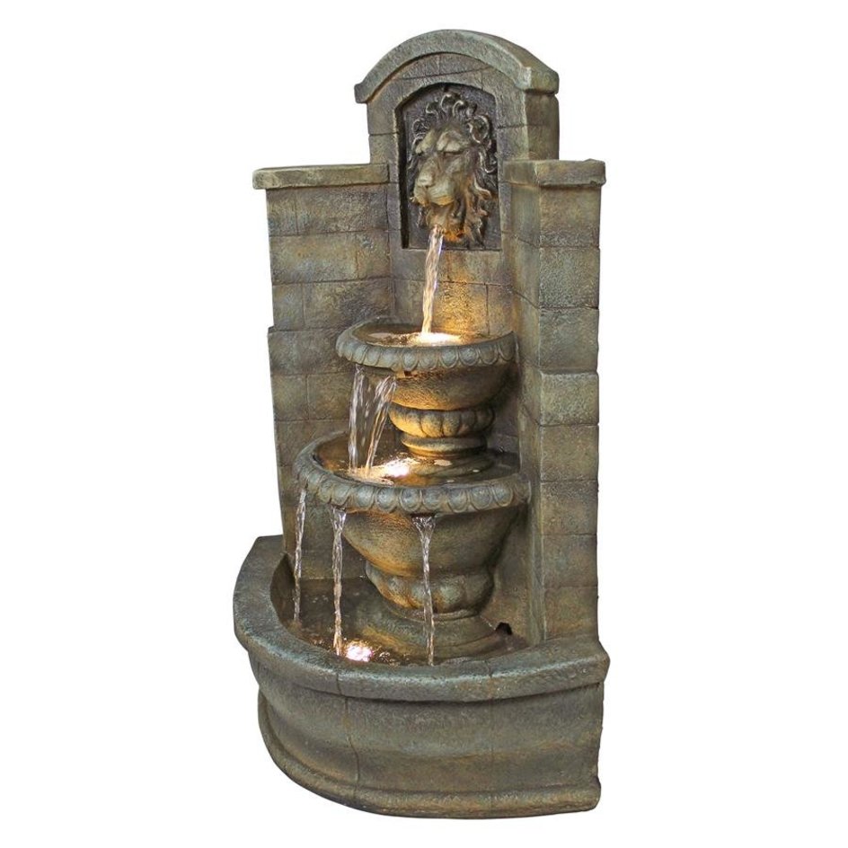 ALDO Decor > Fountains & Ponds 26.5"Wx22.5"Dx39"H / new / resin Italian Saint Remy Lion Corner Fountain With LED and Pump