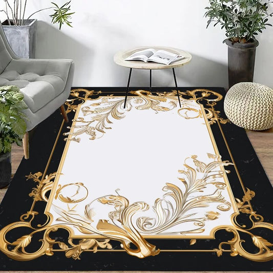 ALDO Decor > Rugs 60x90cm 23.6x35.4in / Fleece Fabric / Golden Medusa Flower Marble Symphony Luxury Modern Ornament Black Gold and White Carpet Luxury Non-Slip Floor Mat Rug Carpet