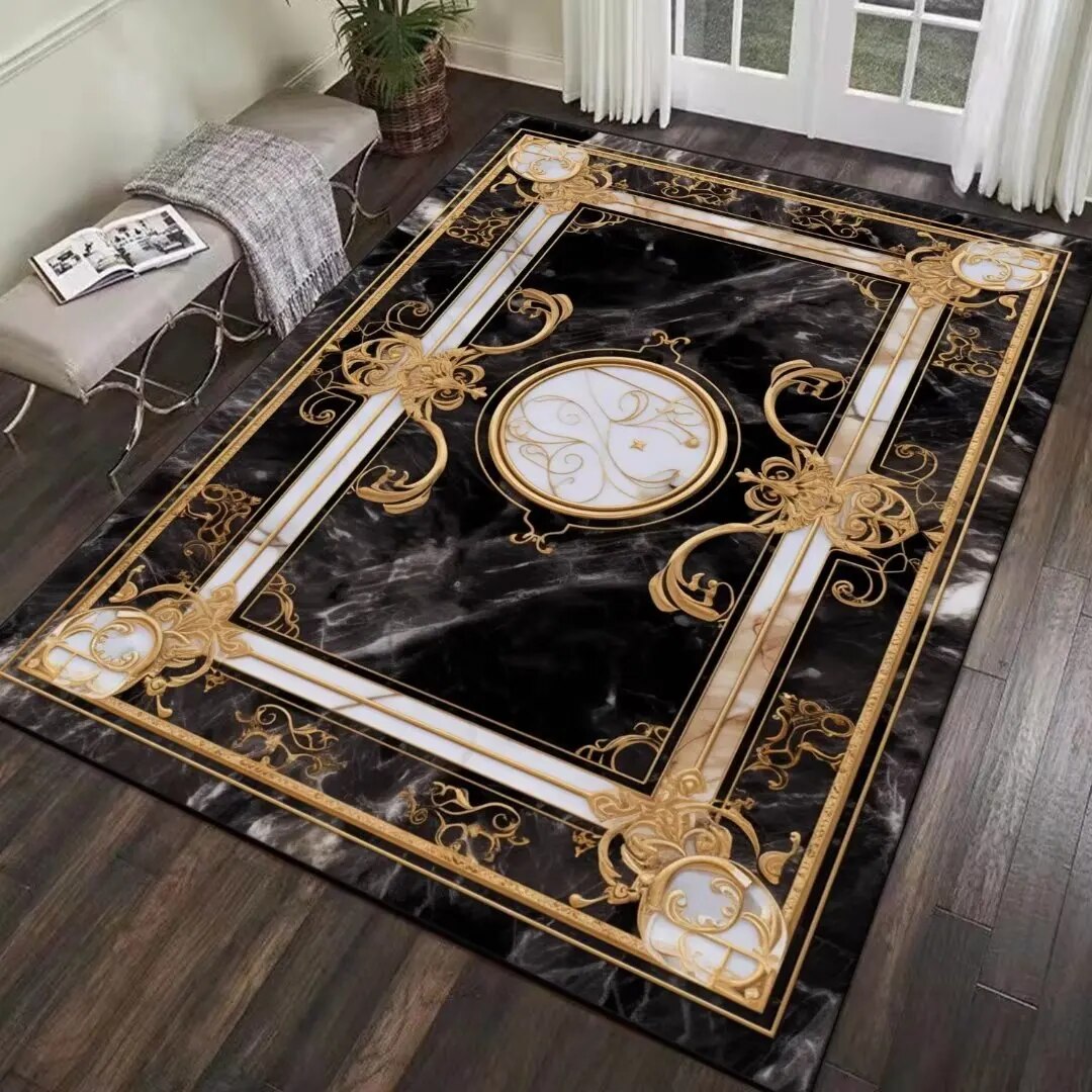 ALDO Decor > Rugs 60x90cm 23.6x35.4in / Fleece Fabric / Golden Medusa Flower Marble Uverture Luxury Modern Ornament Black Gold and White Carpet Luxury Non-Slip Floor Mat Rug Carpet