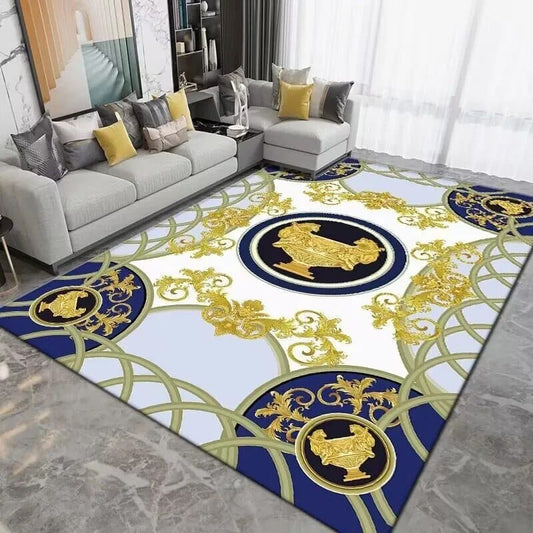ALDO Decor > Rugs 60x90cm 23.6x35.4in / Fleece Fabric / Golden Versace Style Blue Ornament Carpet Luxury Non-Slip Floor Mat Rug Carpet
