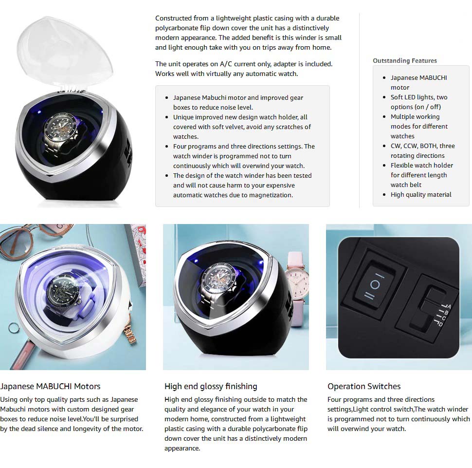 ALDO Décor > Watches Luxury Automatic Single Watch Winder Fine Running Case With LED Lights and AC Power Adapter