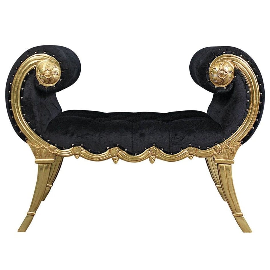ALDO Furniture > Benches 45″Wx23″Dx33″H / NEW / hand carved of solid mahogany and ebony velvet upholstery Victorian Style Scrolled Golden Mahogany Boudoir Bench with a Real Gold Leaf Finish