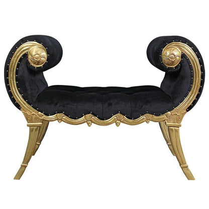 ALDO Furniture > Benches 45″Wx23″Dx33″H / NEW / hand carved of solid mahogany and ebony velvet upholstery Victorian Style Scrolled Golden Mahogany Boudoir Bench with a Real Gold Leaf Finish
