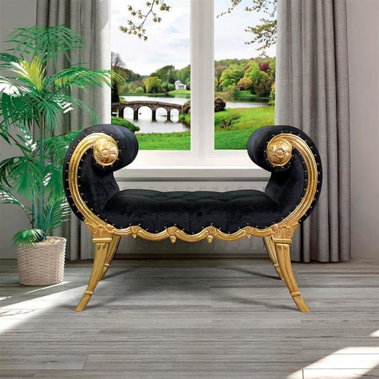 ALDO Furniture > Benches 45″Wx23″Dx33″H / NEW / hand carved of solid mahogany and ebony velvet upholstery Victorian Style Scrolled Golden Mahogany Boudoir Bench with a Real Gold Leaf Finish