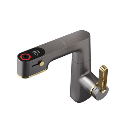 ALDO Hardware>Plumbing Fixtures Gray New Bathroom Basin Faucets LED with Temperature Control Display Solid Brass Mixer Taps and Pull Out Type Single Handle