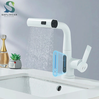 ALDO Hardware>Plumbing Fixtures Intelligent Waterfall Basin Faucet with Temperature Digital Display Lift Up Crane Pull Out Faucet