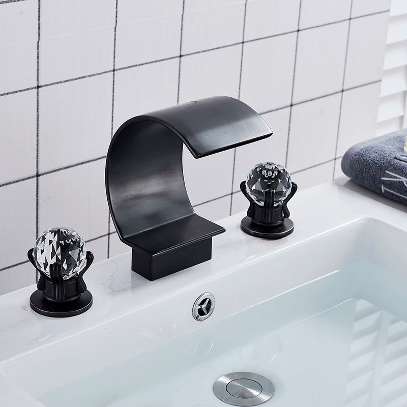 ALDO Hardware>Plumbing Fixtures New   Bathroom Basin Rainfall Faucet Brass Black / Brass and ABS / Black Chrome and  Gold Luxury Retro European Style Bathroom Basin Faucet Brass Deck Mounted Double Handles Cold and Hot Waterfall