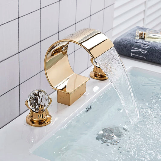 ALDO Hardware>Plumbing Fixtures New  Bathroom Basin Rainfall Faucet Brass Gold / Brass and ABS / Black Chrome and  Gold Luxury Retro European Style Bathroom Basin Faucet Brass Deck Mounted Double Handles Cold and Hot Waterfall