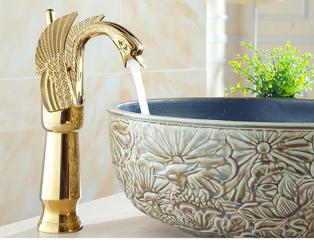 ALDO Hardware>Plumbing Fixtures SLT8039GL Luxury Contemporary European Style Bathroom Swan Basin Faucet Brass Deck Mounted Single Handle