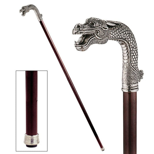 ALDO Health Care Mobility & Accessibility Canes & Walking Sticks 1"Wx6"Dx37"H. 2 lbs. / NEW / Wood Italian Solid Hardwood  Asian Dragon Pewter Walking Stick Collectible Gift