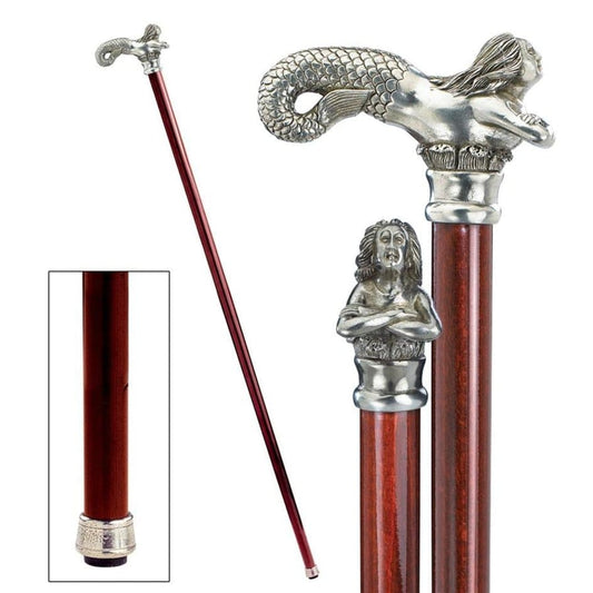 ALDO Health Care Mobility & Accessibility Canes & Walking Sticks 34.5"H. 2 lbs. / NEW / Wood Italian Solid Hardwood Elegant Mermaid Pewter Walking Stick Collectible Gift