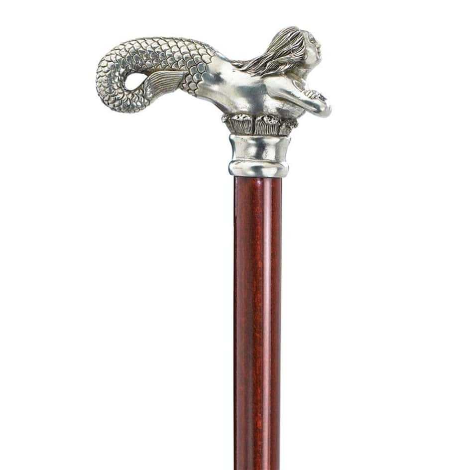 ALDO Health Care Mobility & Accessibility Canes & Walking Sticks 34.5"H. 2 lbs. / NEW / Wood Italian Solid Hardwood Elegant Mermaid Pewter Walking Stick Collectible Gift