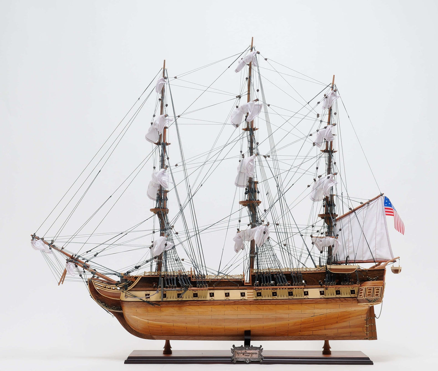 ALDO Hobbies & Creative Arts> Collectibles> Scale Model L: 35.4 W: 13.5 H: 29.5 Inches / NEW / Wood USS Constitution Medium Tall Ship Wood Model Sailboat With Tabletop Display  Front Open Case Combo Assembled