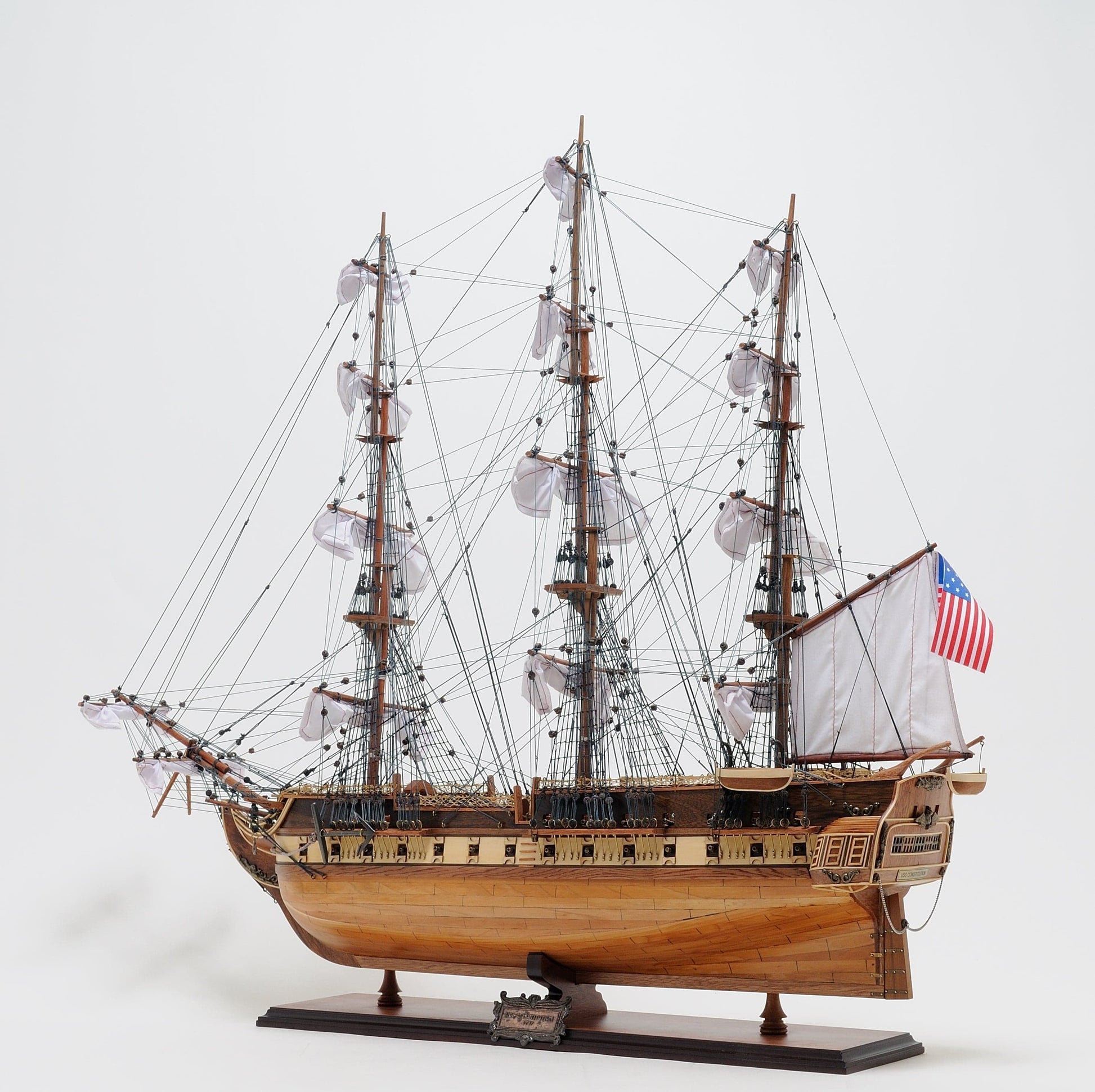 ALDO Hobbies & Creative Arts> Collectibles> Scale Model L: 35.4 W: 13.5 H: 29.5 Inches / NEW / Wood USS Constitution Medium Tall Ship Wood Model Sailboat With Tabletop Display  Front Open Case Combo Assembled
