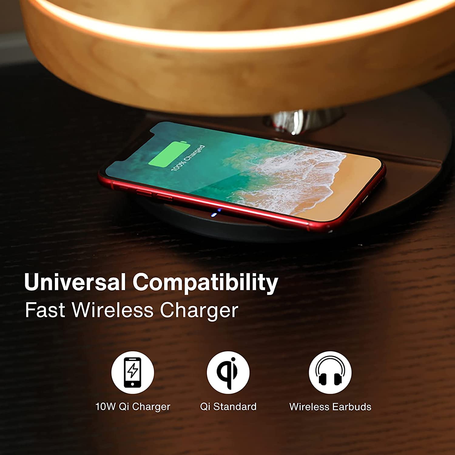 ALDO Home & Garden>Lamps> Lighting & Ceiling Fans ‎11"D x 11"W x 8"H / Wood Modern Art Deco Table Lamp Tree of Life Round Shape Smart Touch Wireless Bluetooth Speakers and Charging Pad