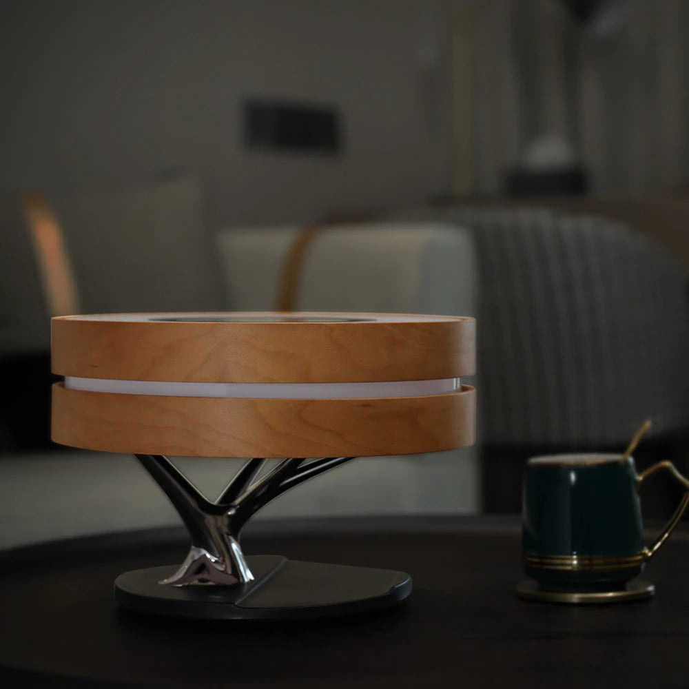 ALDO Home & Garden>Lamps> Lighting & Ceiling Fans ‎11"D x 11"W x 8"H / Wood Modern Art Deco Table Lamp Tree of Life Round Shape Smart Touch Wireless Bluetooth Speakers and Charging Pad