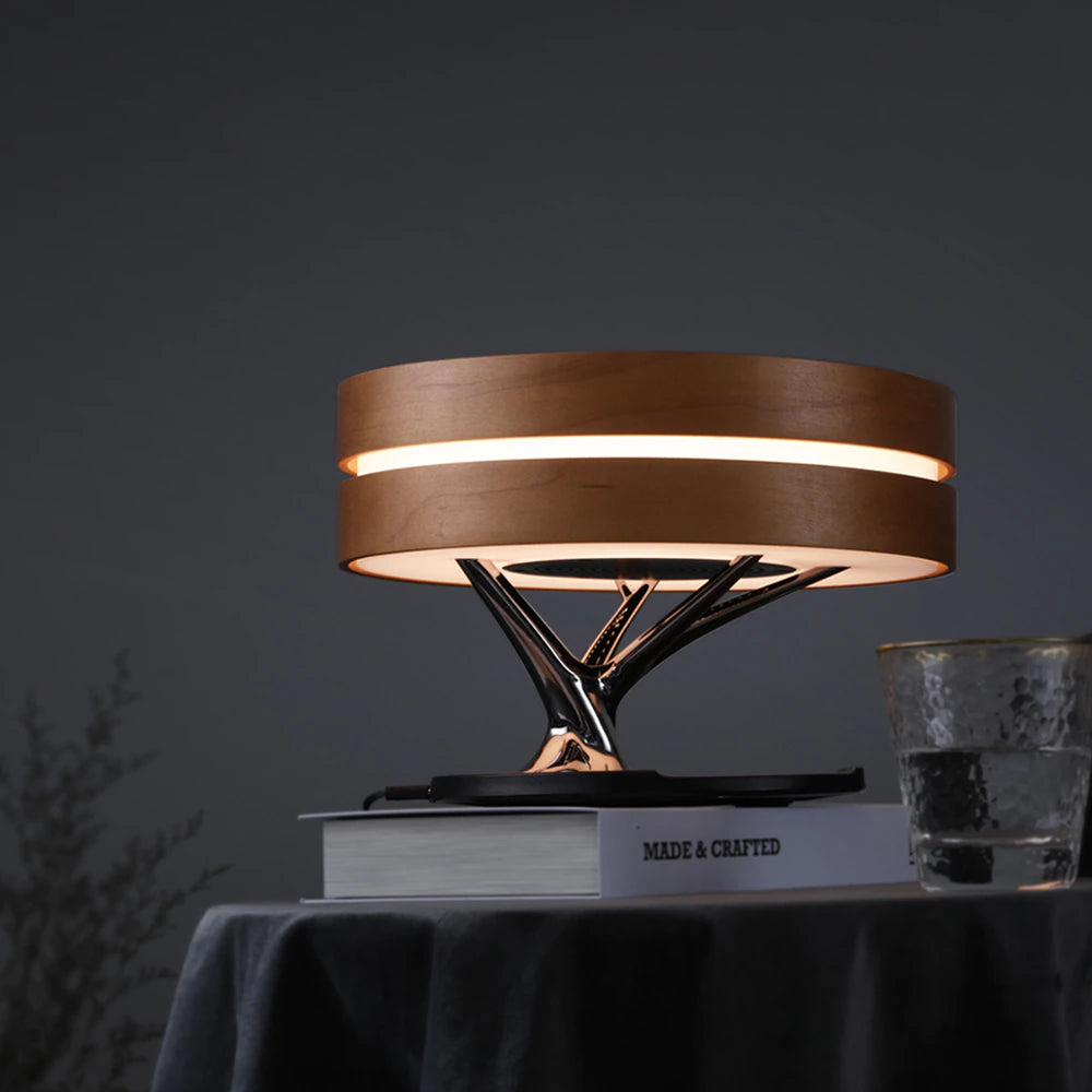 ALDO Home & Garden>Lamps> Lighting & Ceiling Fans ‎11"D x 11"W x 8"H / Wood Modern Art Deco Table Lamp Tree of Life Round Shape Smart Touch Wireless Bluetooth Speakers and Charging Pad